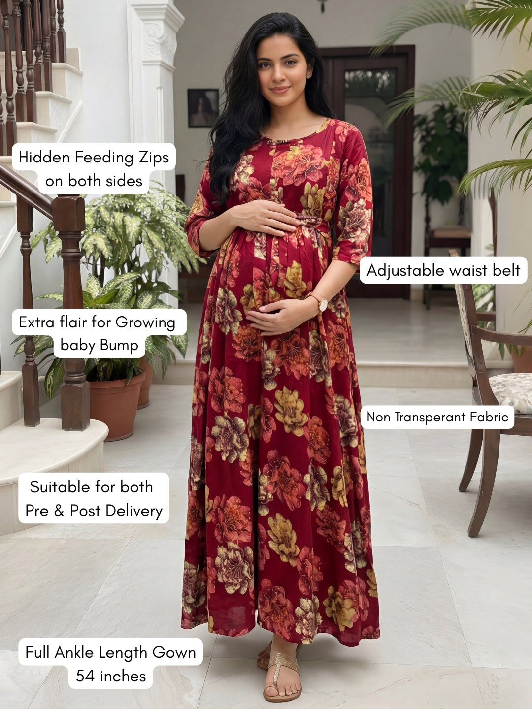 Gold & Cream Flower - Maroon - Maternity Kurti with Feeding Zips - Soft Rayon