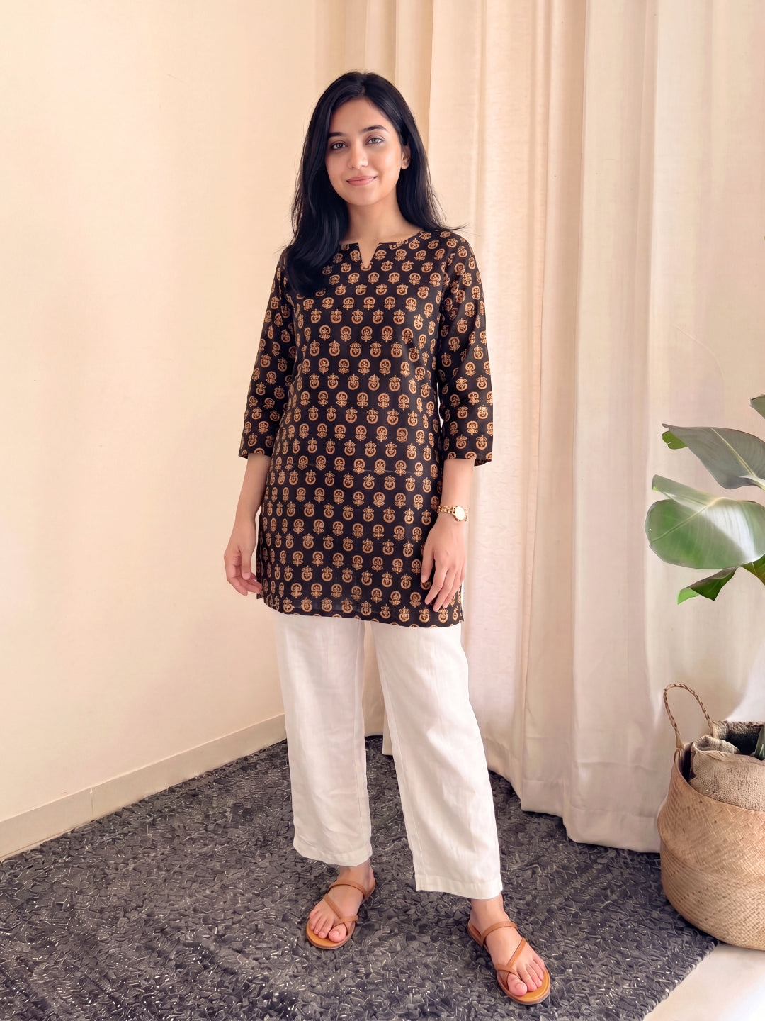 Black Sunflower Ajrakh - Cord Set with White Pant - Pure Cotton