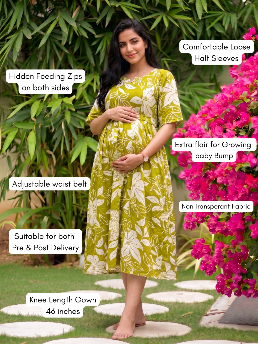 Lily Lemon - Knee Length Maternity Dress with Feeding Zips - Soft Rayon