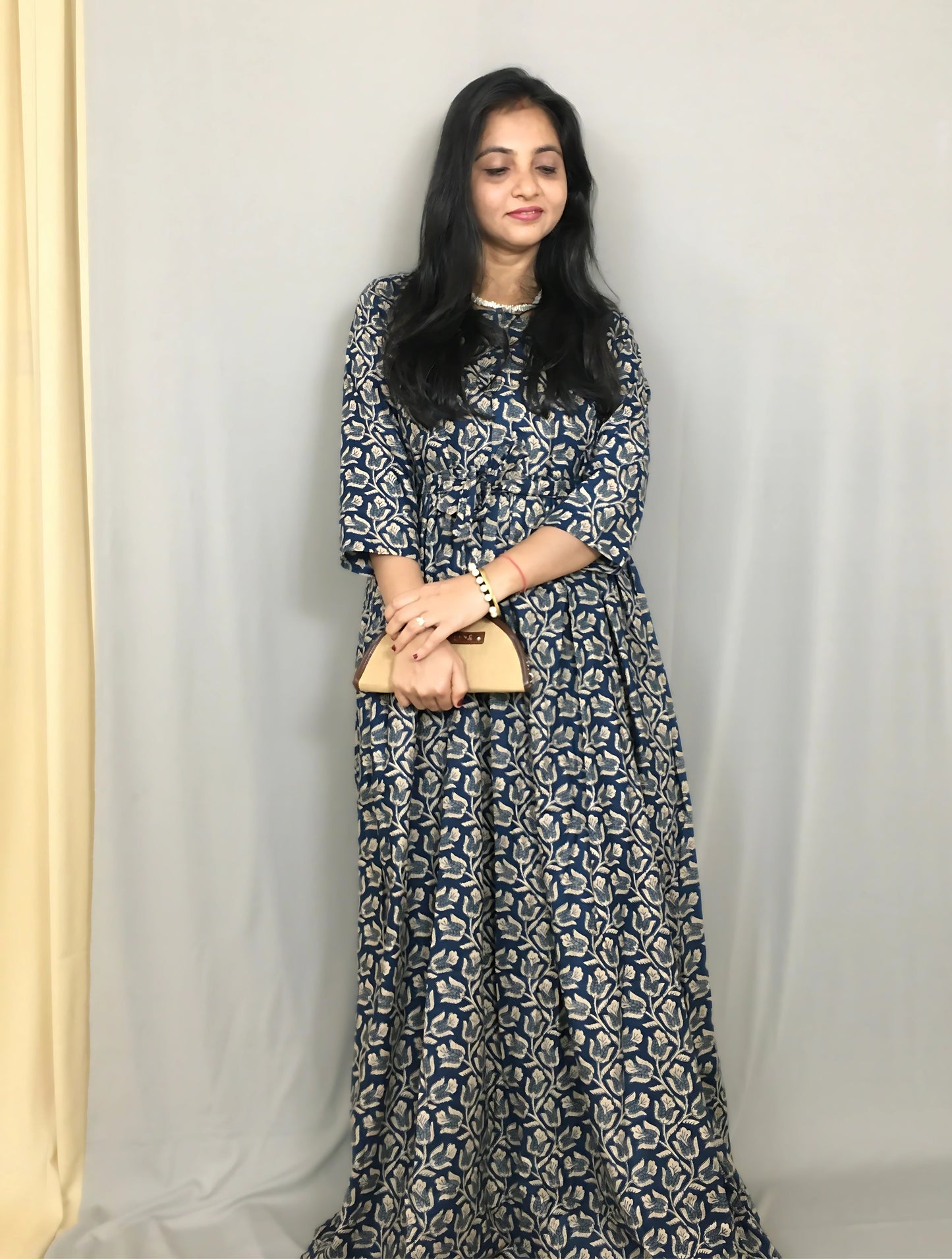 Tulip Flower - Blue - Maternity Kurti with Feeding Zips - Cotton Flex - Thicker Fabric