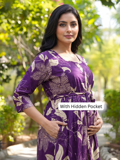 Lily flower Purple - Maternity Kurti with Feeding Zips - Cotton Flex - Thicker Fabric