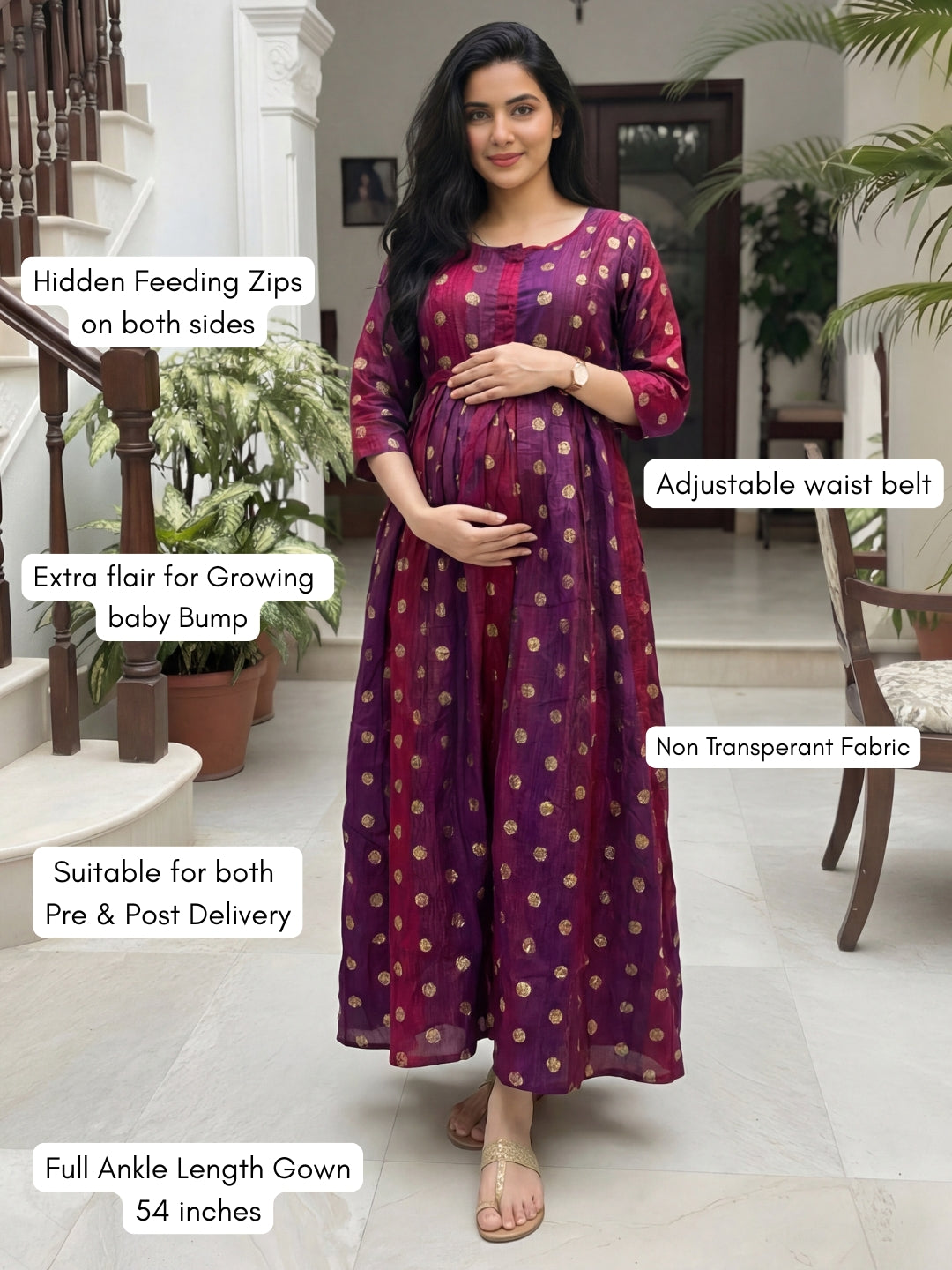 Gold Flower - Purple Maroon  - Maternity Kurti with Feeding Zips - Soft Rayon