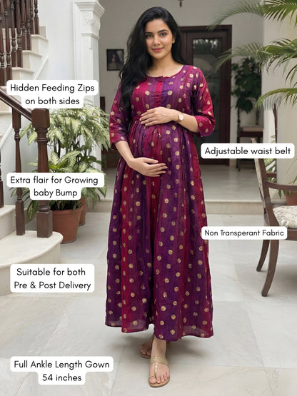 Gold Flower - Purple Maroon  - Maternity Kurti with Feeding Zips - Soft Rayon