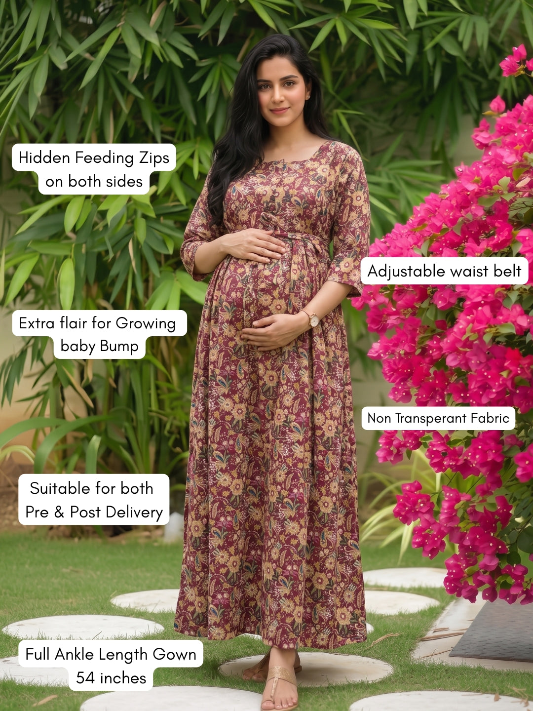 Gulmohar - Maroon - Maternity Dress with Feeding Zips - Pure Cotton