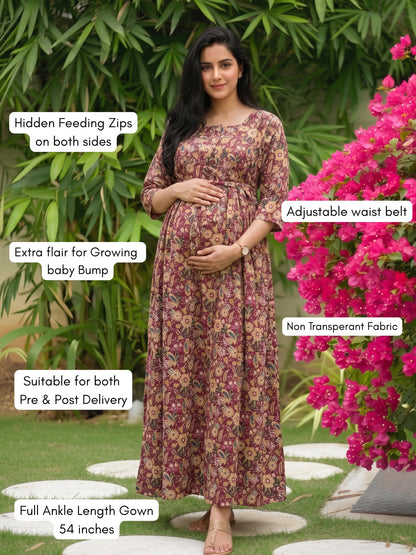 Gulmohar - Maroon - Maternity Dress with Feeding Zips - Pure Cotton