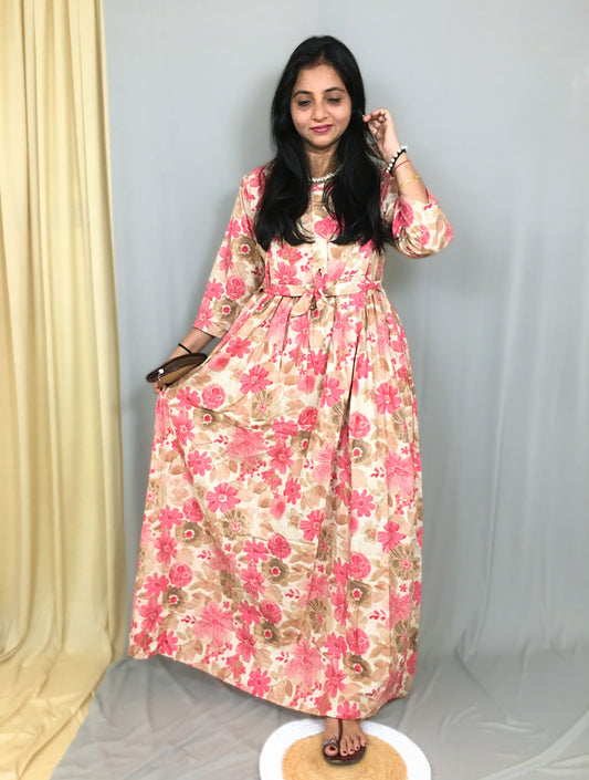Daisy Baby Pink & Brown - Maternity Kurti with Feeding Zips - Cotton Flex - Thicker Fabric