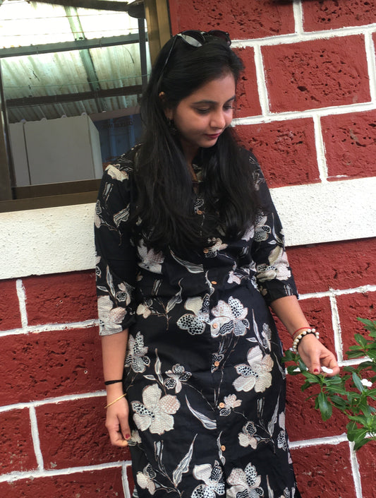 Knee Length- Flower & Leafs - Black - Cord Sets - Pure Cotton