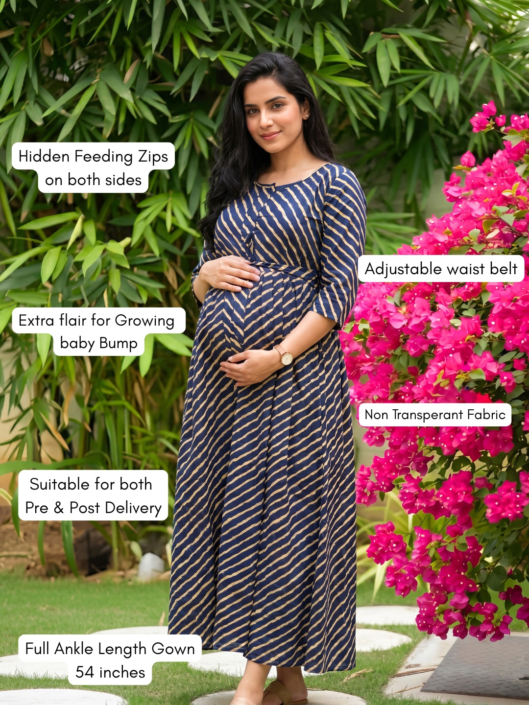 Stripes - Royal Blue - Maternity Kurti with Feeding Zips - Soft Rayon