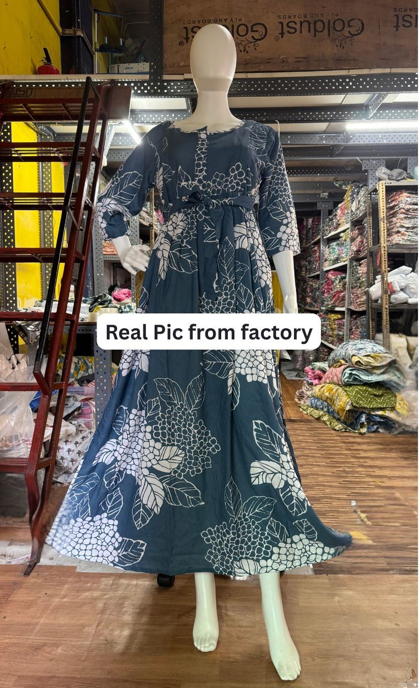 Sea Grey Big Flower - Maternity Kurti with Feeding Zips - Soft Rayon