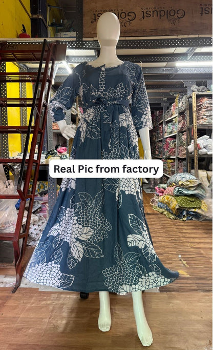 Sea Grey Big Flower - Maternity Kurti with Feeding Zips - Soft Rayon