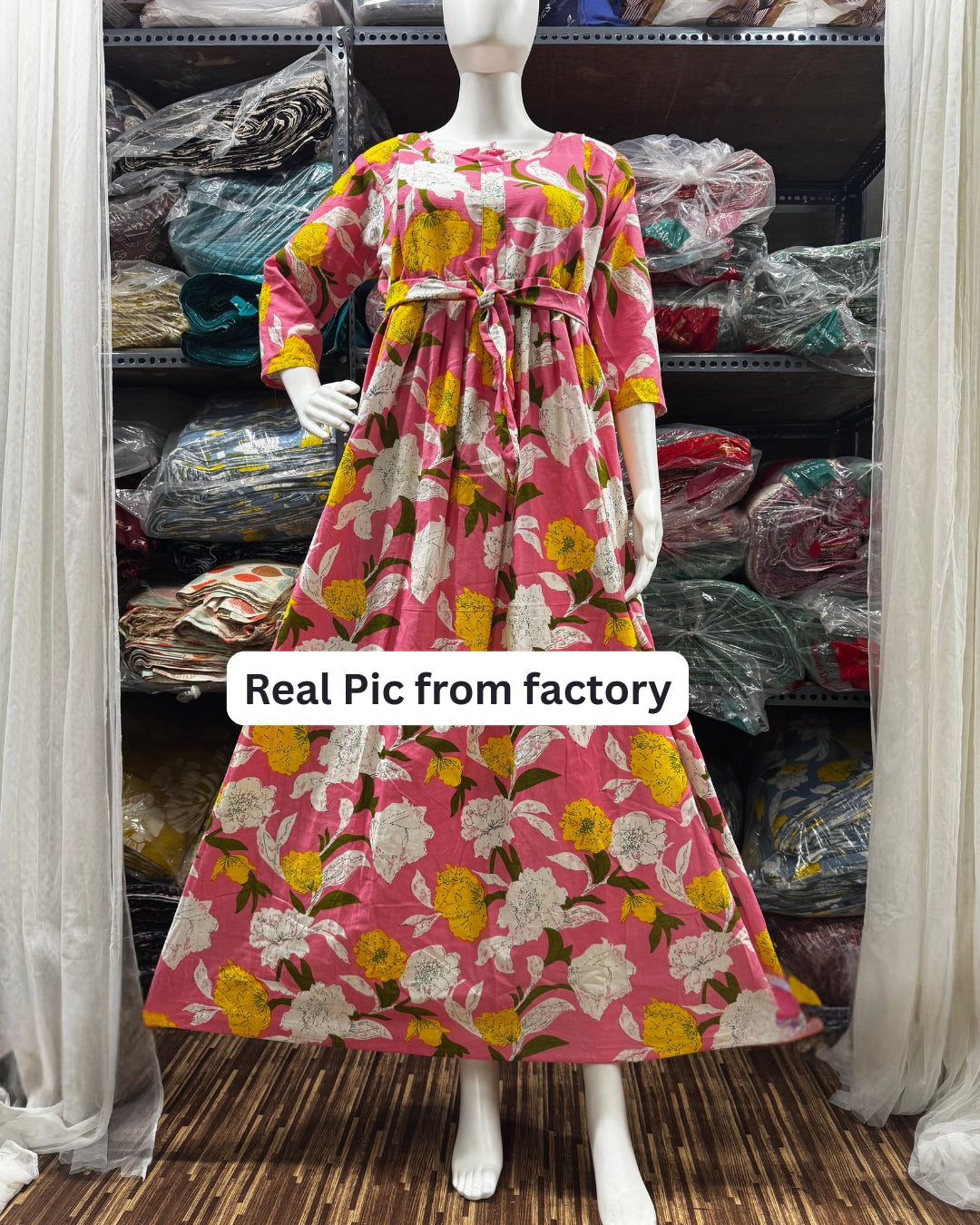 Baby Pink - Mix Flower - Maternity Kurti with Feeding Zips - Cotton Flex - Thicker Fabric