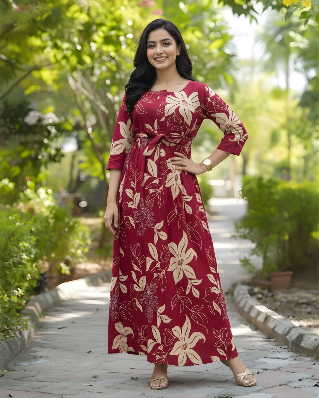 Lily Flower Pink - Maternity Kurti with Feeding Zips - Cotton Flex - Thicker Fabric