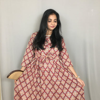 Dessert Flower - Red - Maternity Kurti with Feeding Zips - Cotton Flex - Thicker Fabric