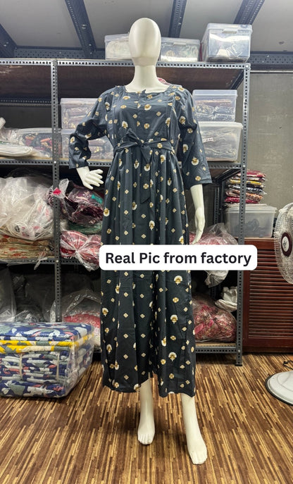 Grey White Mushroom Flower - Maternity Kurti with Feeding Zips - Soft Rayon