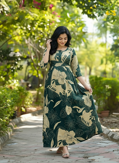 Lily Flower Sea Green - Maternity Kurti with Feeding Zips - Cotton Flex - Thicker Fabric