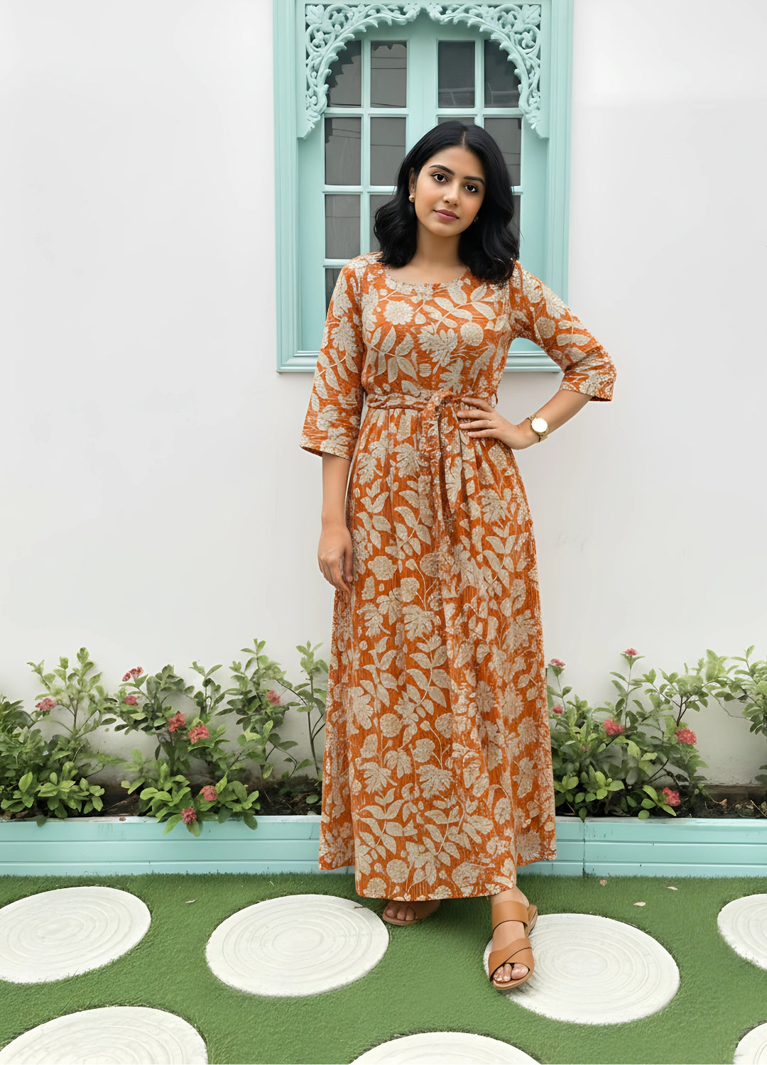 Leafy Stripes - Orange - Maternity Kurti with Feeding Zips - Soft Rayon