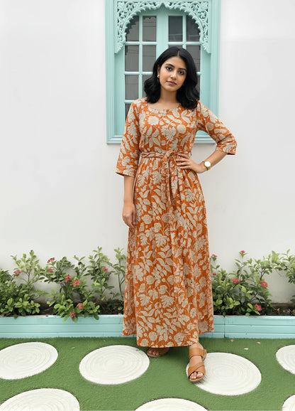 Leafy Stripes - Orange - Maternity Kurti with Feeding Zips - Soft Rayon