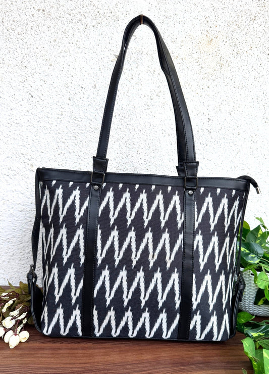 Black Zigzag - Office & College Tote Bag with Laptop Compartment