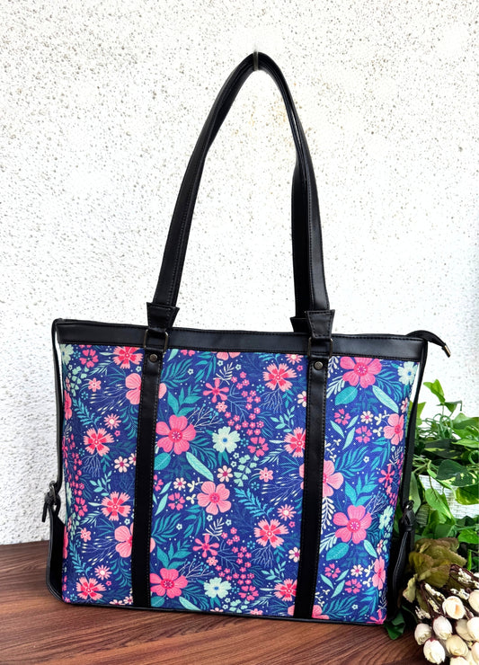 Blue Pink Flower - Office & College Tote Bag with Laptop Compartment