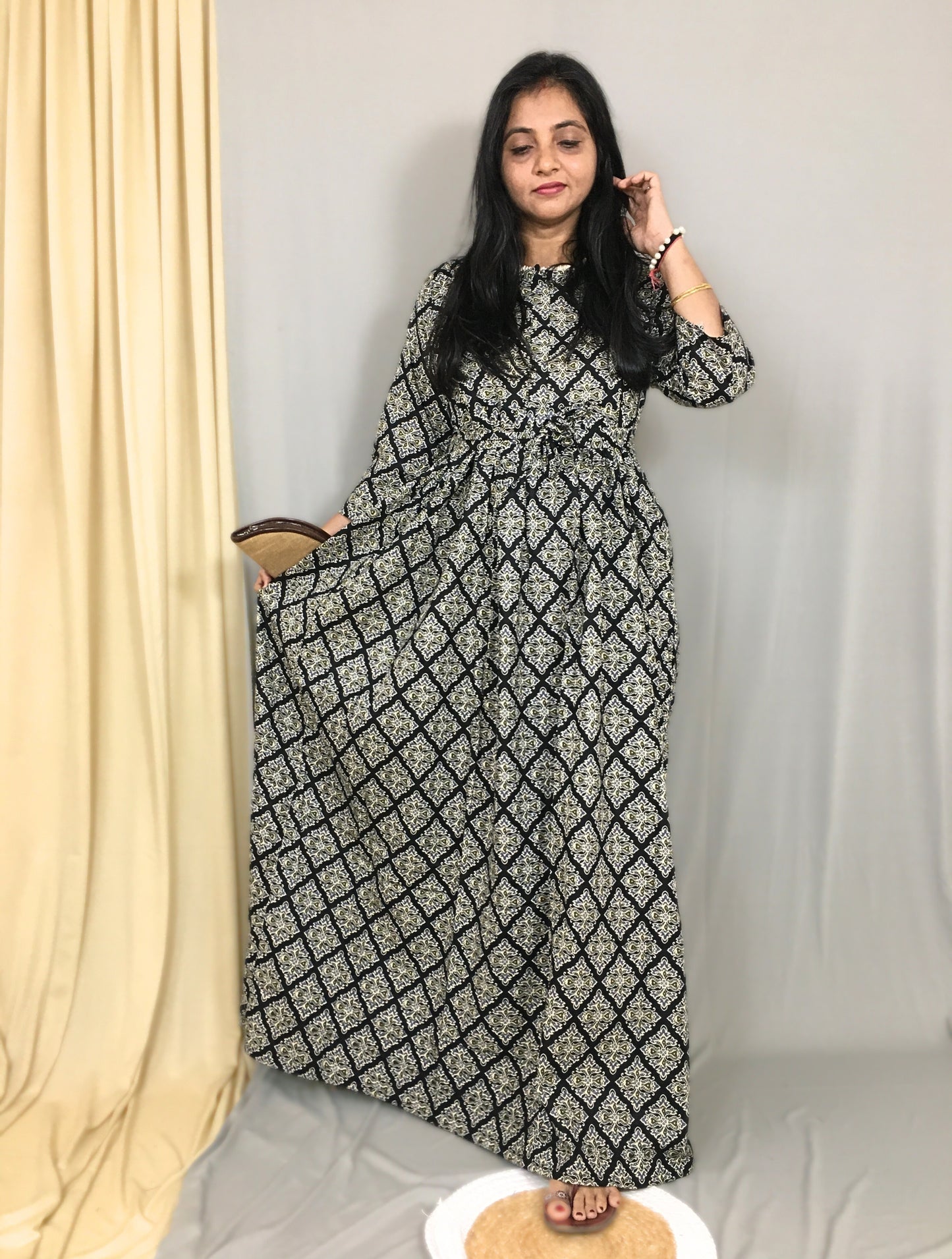 Black Dessert Flower - Maternity Kurti with Feeding Zips - Cotton Flex - Thicker Fabric