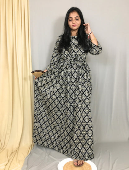 Black Dessert Flower - Maternity Kurti with Feeding Zips - Cotton Flex - Thicker Fabric