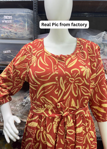 Flower Sketch - Orange - Maternity Kurti with Feeding Zips - Soft Rayon
