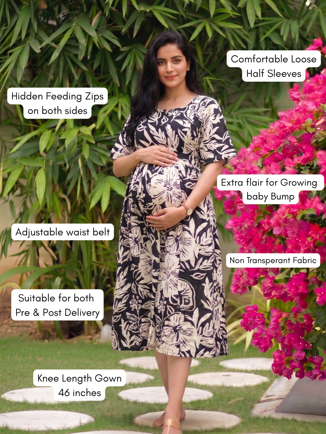 Hibiscus Black - Knee Length Maternity Dress with Feeding Zips - Soft Rayon