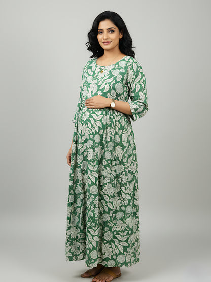 Leafy Stripes - Green - Maternity Kurti with Feeding Zips - Soft Rayon