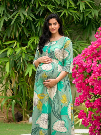 Lotus Sea Green - Maternity Kurti with Feeding Zips - Cotton Flex - Thicker Fabric