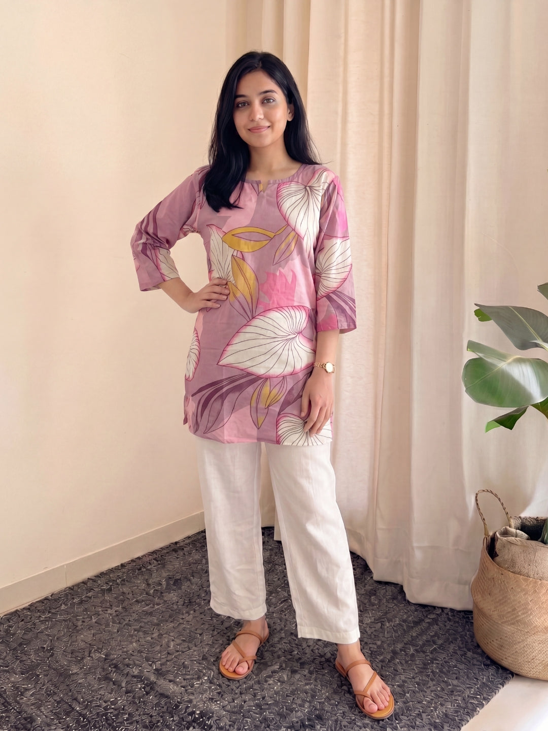 PInk Lotus - Cord Set - Pure Cotton with White Pant