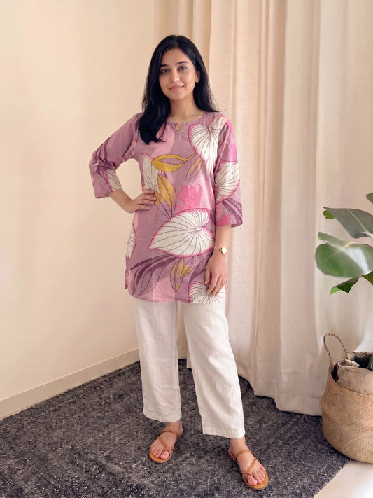 PInk Lotus - Cord Set - Pure Cotton with White Pant