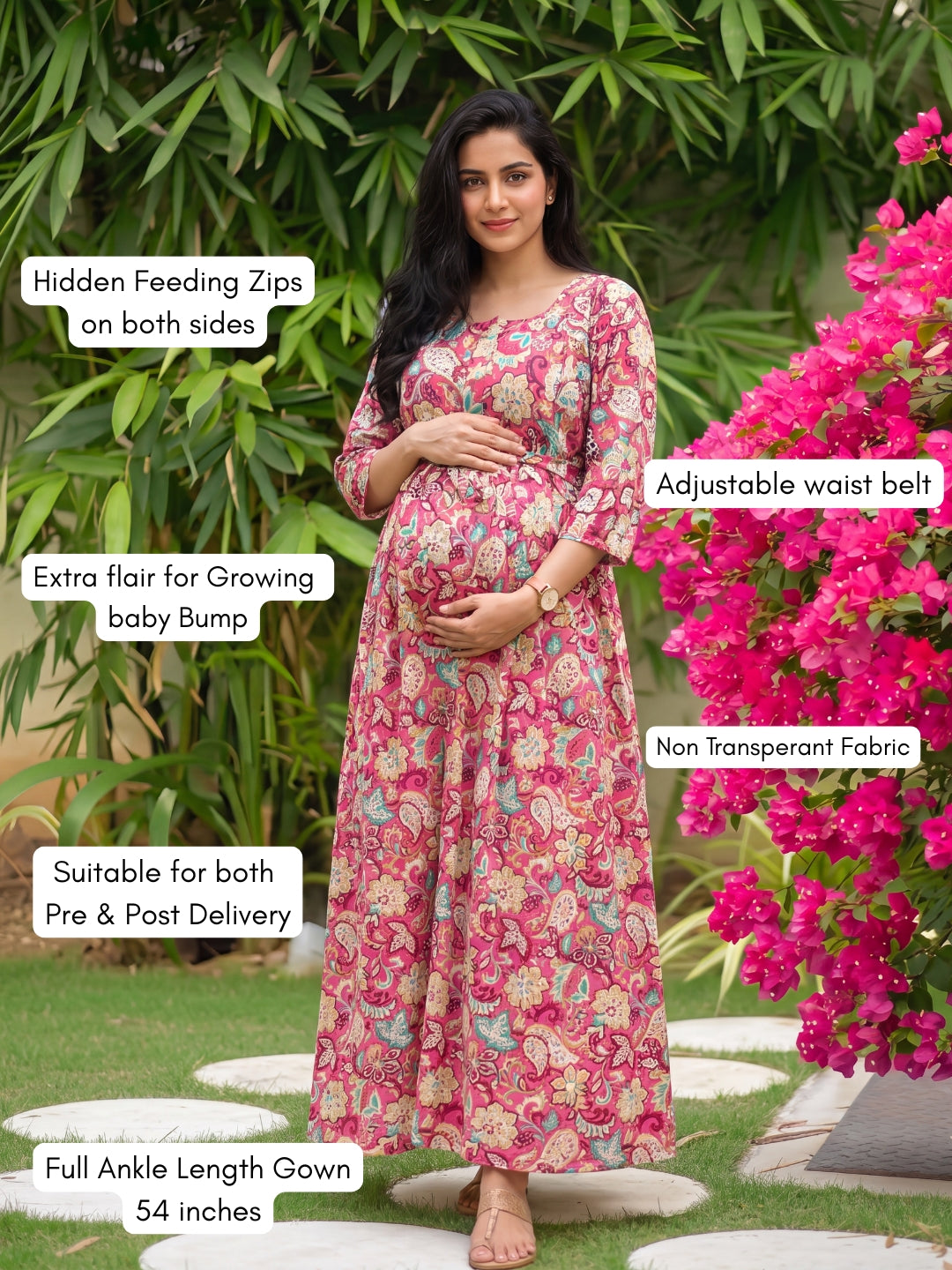 Pink Garden - Maternity Dress with Feeding Zips - Soft Rayon