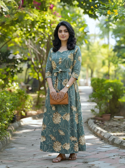 Turquoise Cream Flower - Maternity Kurti with Feeding Zips - Cotton Flex - Thicker Fabric