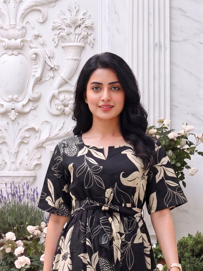 Lily Flower Black - Short Sleeves Midi Dress -  Pure Cotton