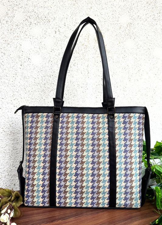Blue Brown Checks - Office & College Tote Bag with Laptop Compartment