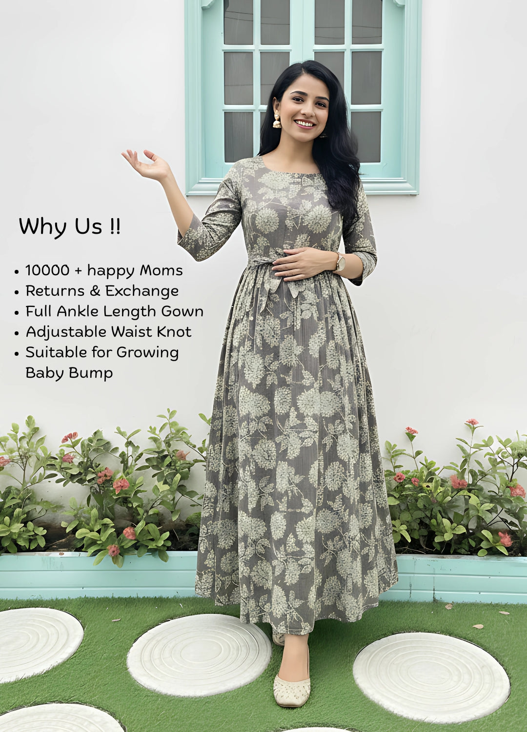 White Grey Flower - Maternity Kurti with Feeding Zips - Soft Rayon
