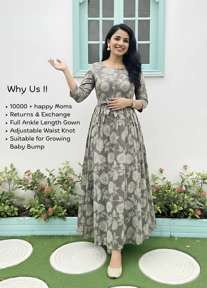White Grey Flower - Maternity Kurti with Feeding Zips - Soft Rayon