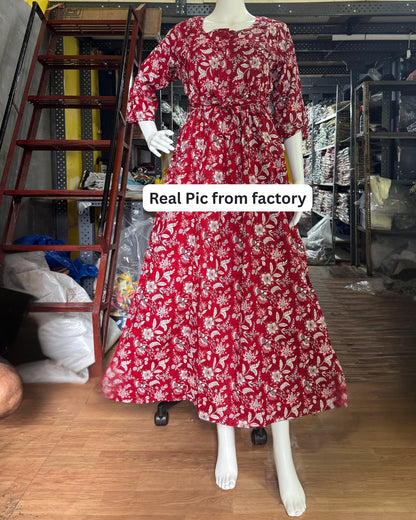 Maroon Forrest Print - Maternity Kurti with Feeding Zips - Cotton Flex - Thicker Fabric