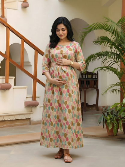 Beach Pink Petals - Maternity Kurti with Feeding Zips - Cotton Flex - Thicker Fabric