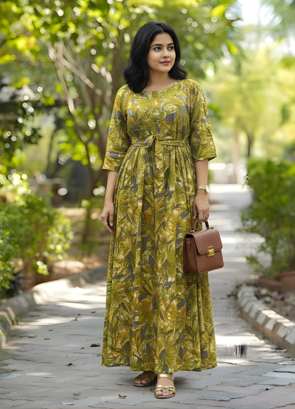 Floral - GREEN - Maternity Kurti with Feeding Zips - Soft Rayon