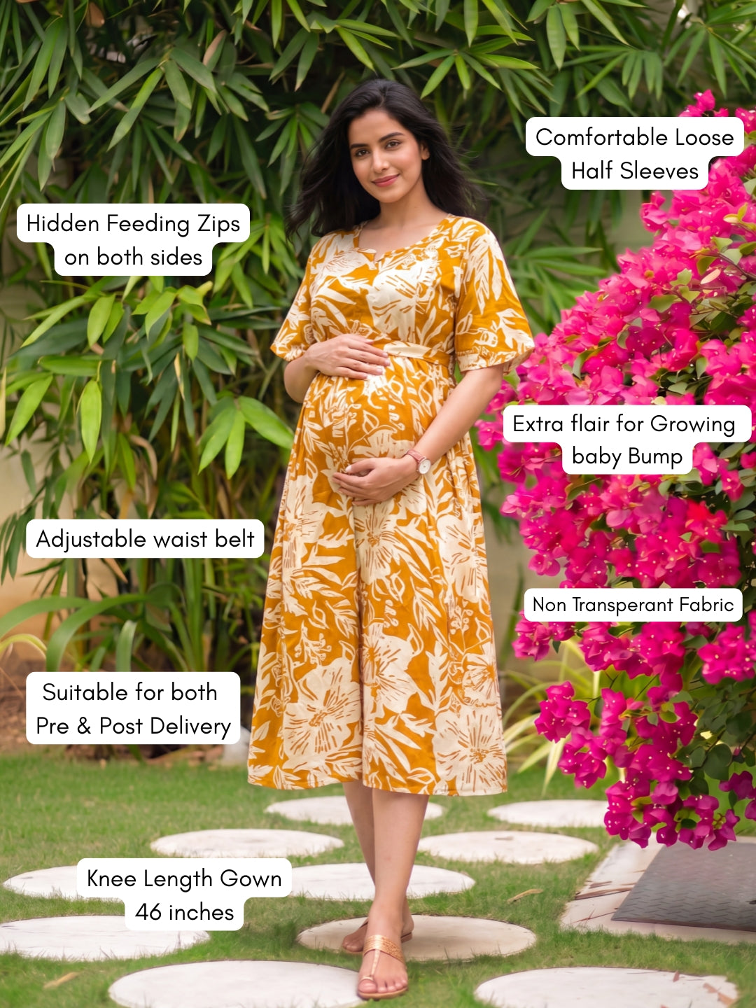 Hibiscus Yellow - Knee Length Maternity Dress with Feeding Zips - Soft Rayon