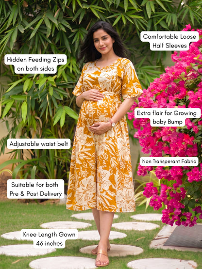 Hibiscus Yellow - Knee Length Maternity Dress with Feeding Zips - Soft Rayon