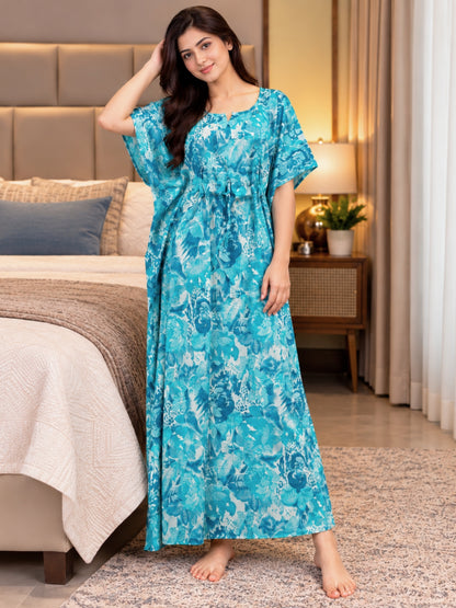 Kaftan - Tropical Sea Blue - Maternity  Feeding Zips - Free Size - Soft Rayon