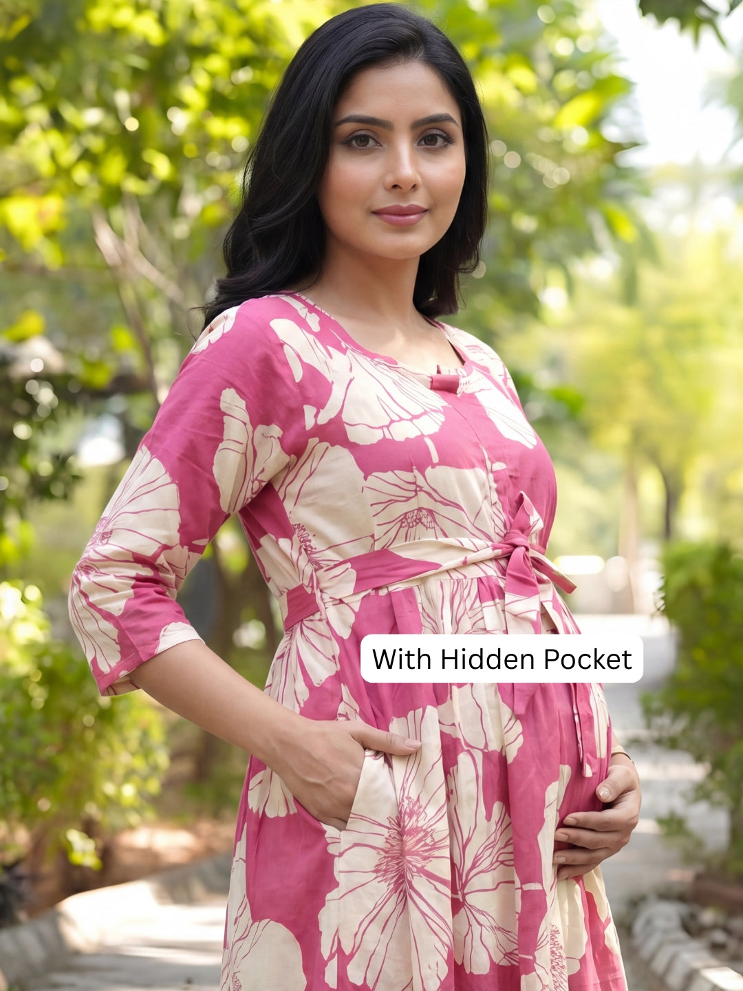 Baby Pink White Big Flower - Maternity Kurti with Feeding Zips - Soft Rayon