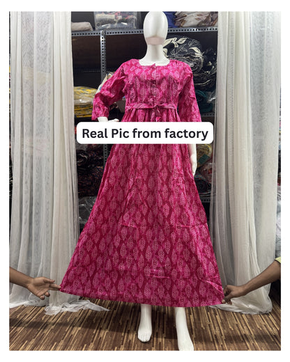 Pink White Leaves - Maternity Kurti with Feeding Zips - Cambric Cotton