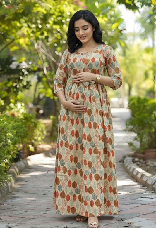 Orange & Sea Green Petals - Maternity Kurti with Feeding Zips - Cotton Flex - Thicker Fabric