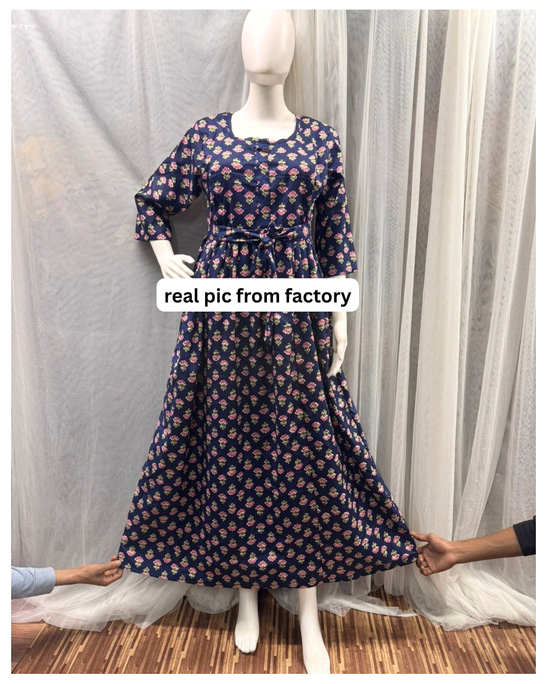 Blue Pink Flower - Maternity Kurti with Feeding Zips - Soft Rayon