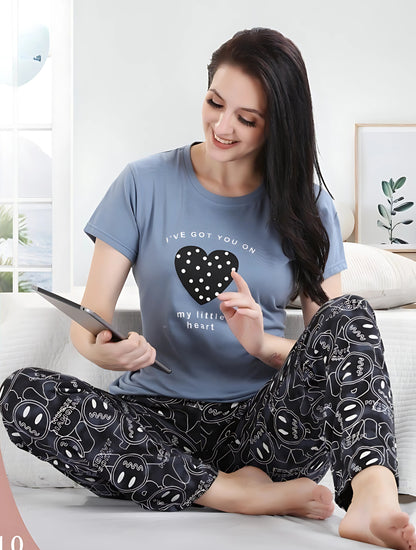 Hosiery Cotton Night Suit - Grey Heart