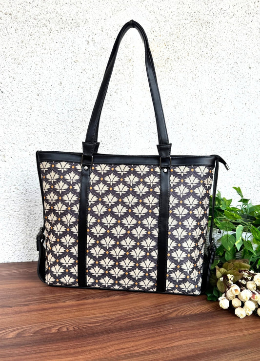 Black White Flower - Office & College Tote Bag with Laptop Compartment