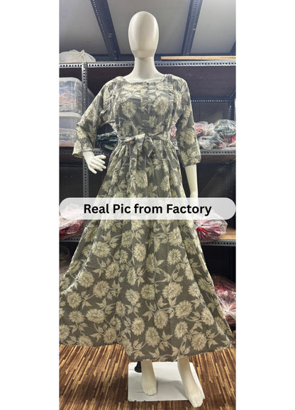 White Grey Flower - Maternity Kurti with Feeding Zips - Soft Rayon